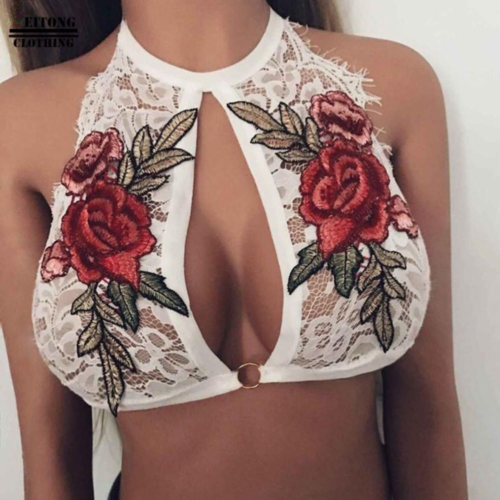 White Rose Embroidery Lace Crop Top